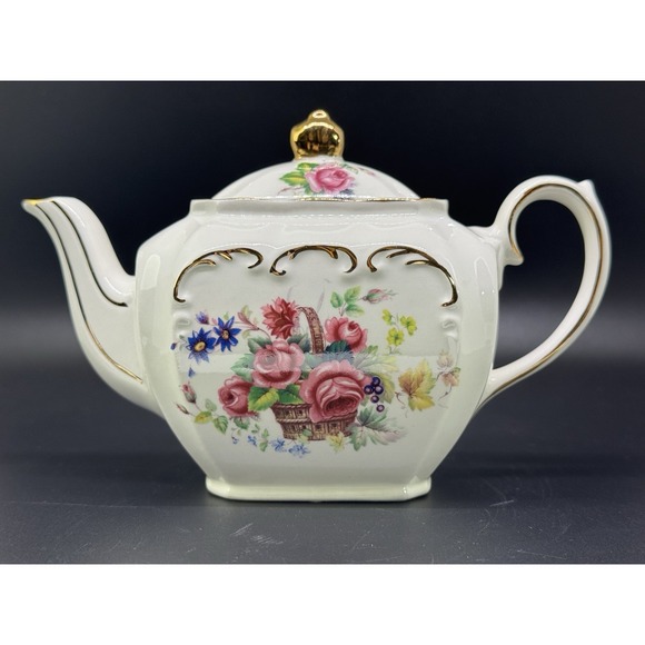 Sadler Windsor English Rose Small Square Cube Teapot Gold Accents - Picture 1 of 8